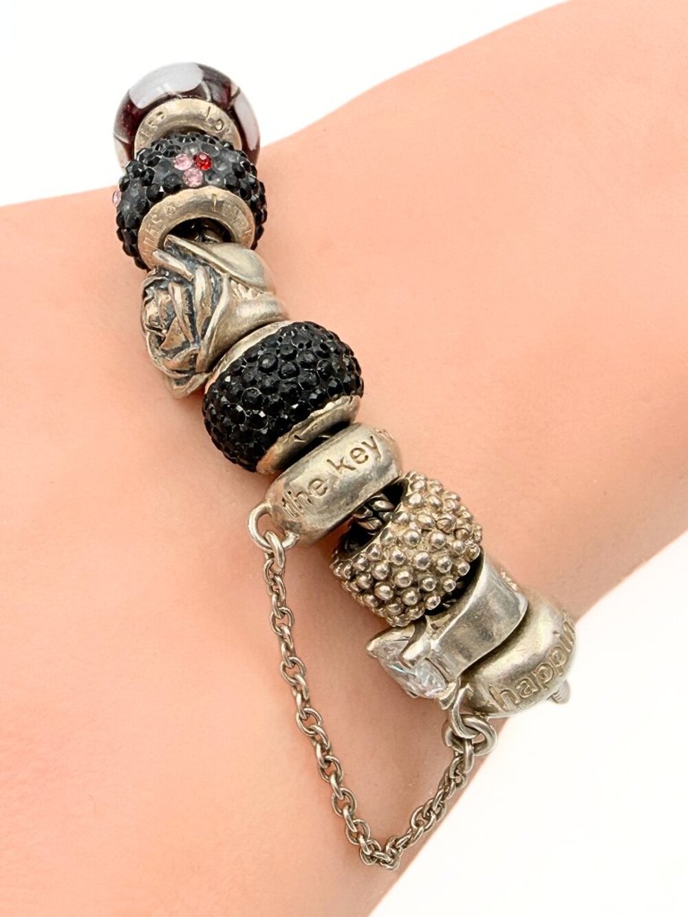 Jens Aagaard Signed Danish Sterling Silver Black Rose Glass Charm Bracelet